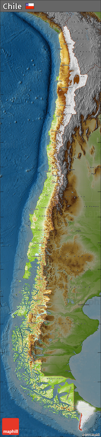 Physical Map of Chile, darken