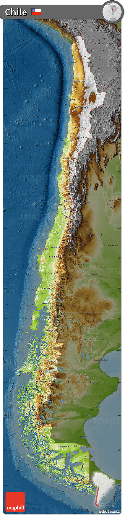 Physical Map of Chile, darken