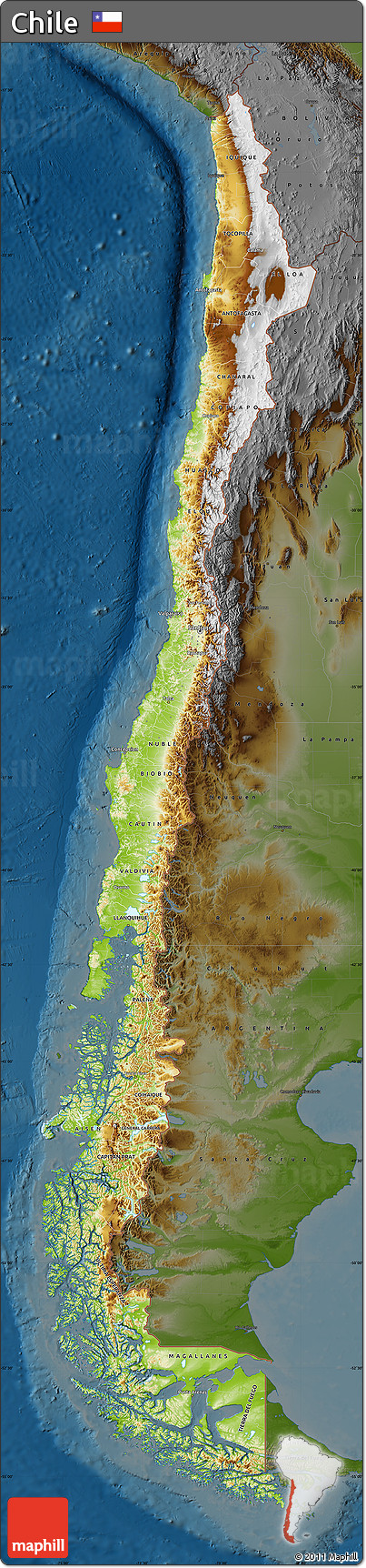 Physical Map of Chile, darken