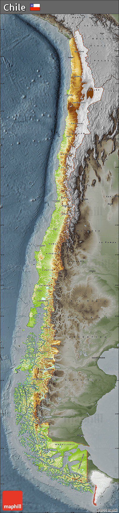 Physical Map of Chile, darken, semi-desaturated