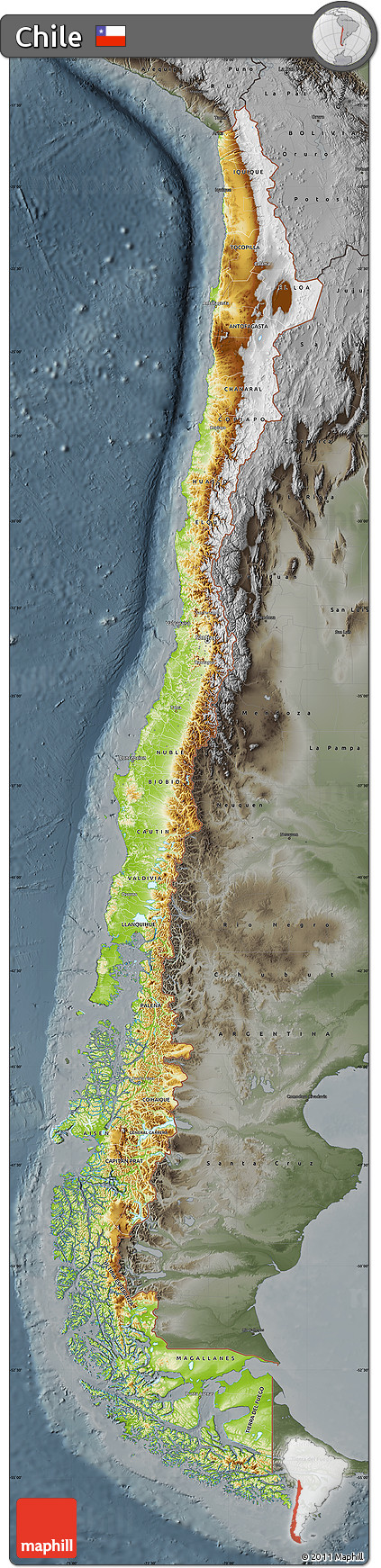 Physical Map of Chile, darken, semi-desaturated