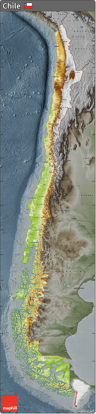 Physical Map of Chile, darken, semi-desaturated