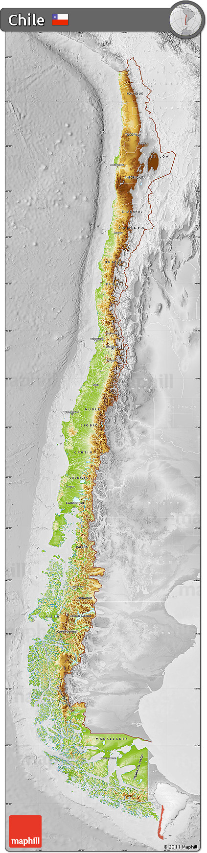 Physical Map of Chile, lighten, desaturated