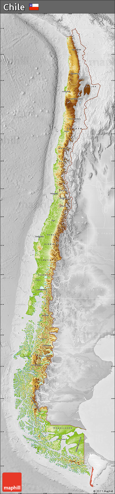 Physical Map of Chile, lighten, desaturated
