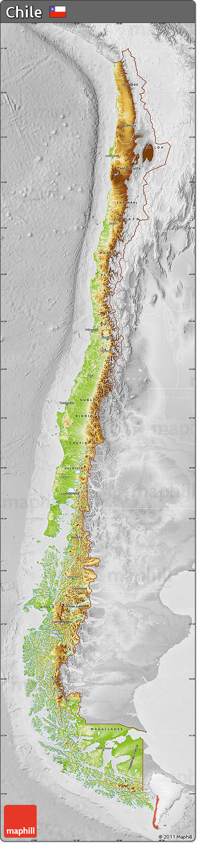 Physical Map of Chile, lighten, desaturated