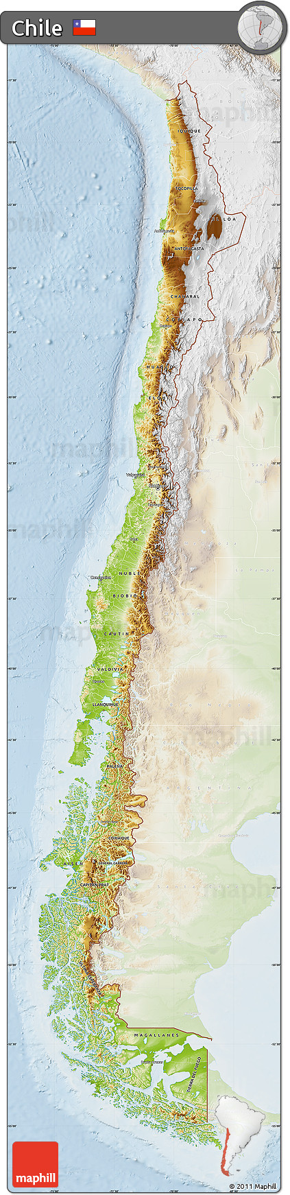 Physical Map of Chile, lighten