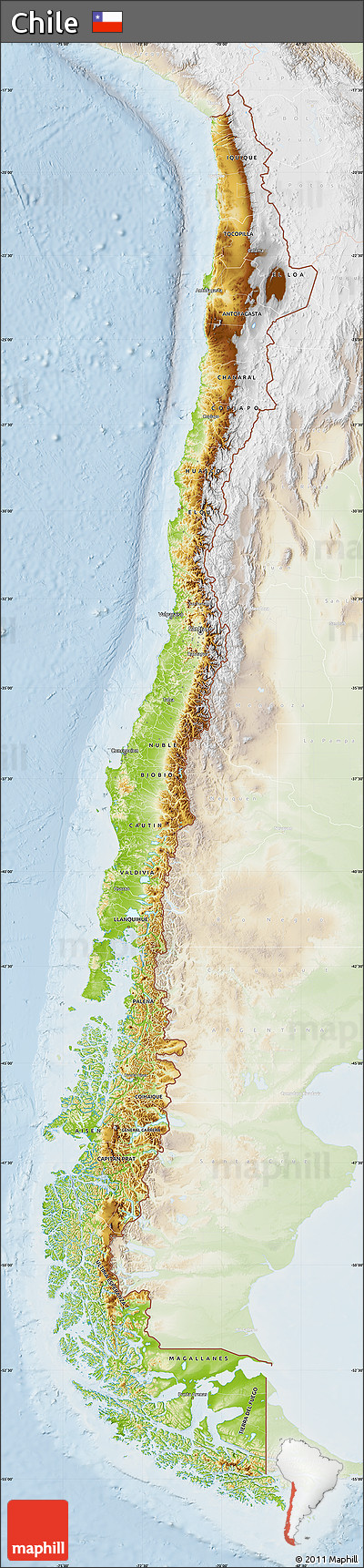 Physical Map of Chile, lighten