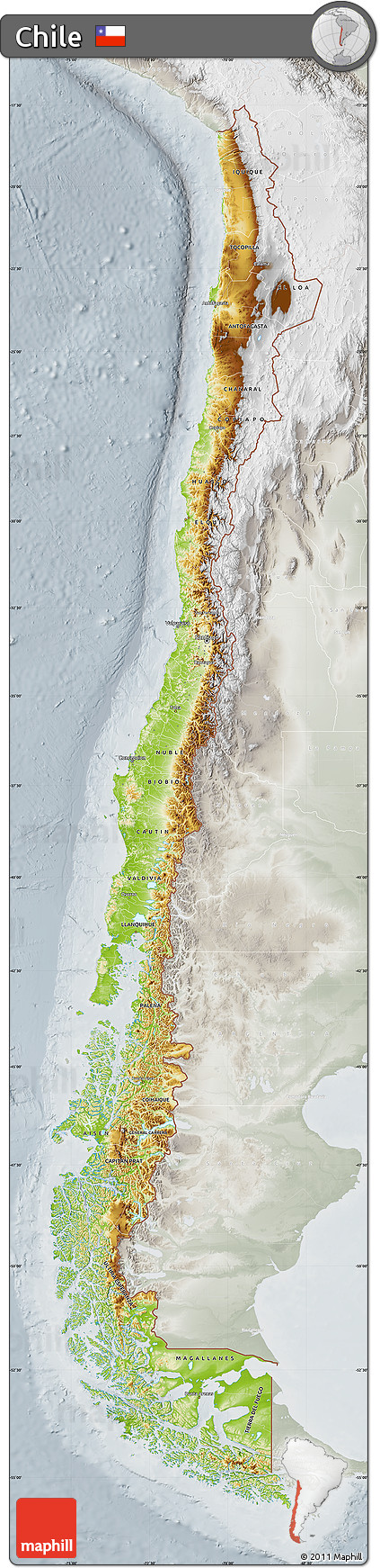 Physical Map of Chile, lighten, semi-desaturated