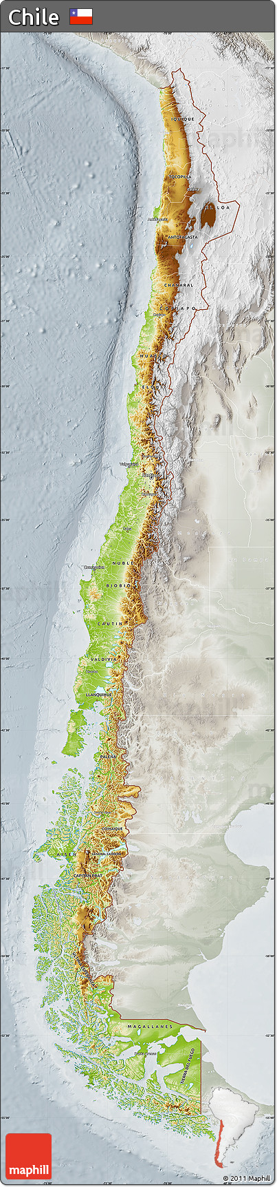 Physical Map of Chile, lighten, semi-desaturated