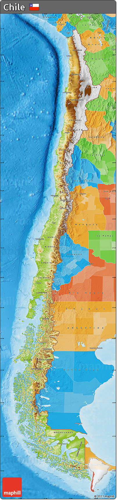 Physical Map of Chile, political outside, shaded relief sea