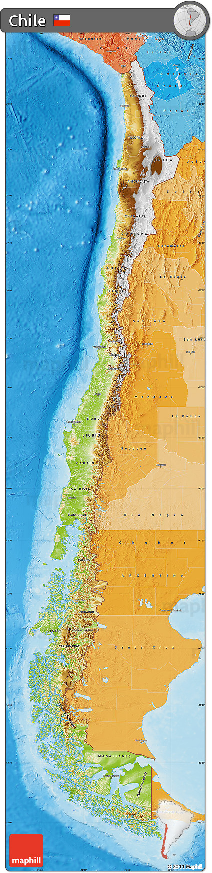Physical Map of Chile, political shades outside, shaded relief sea