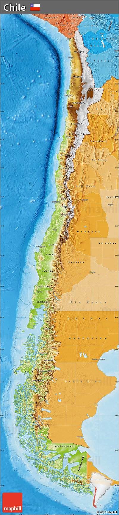 Physical Map of Chile, political shades outside, shaded relief sea