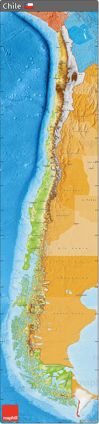 Physical Map of Chile, political shades outside, shaded relief sea