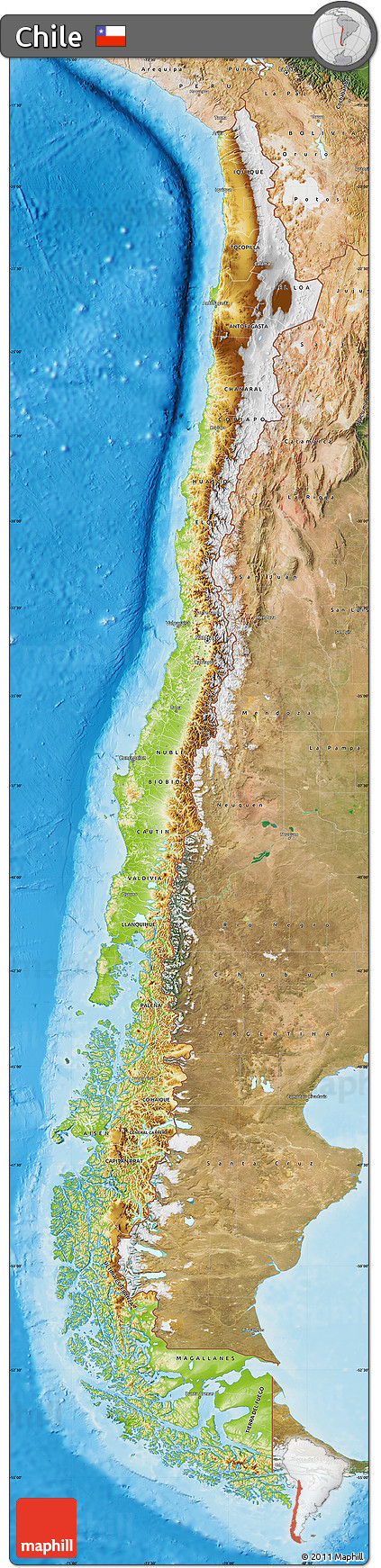 Physical Map of Chile, satellite outside, shaded relief sea