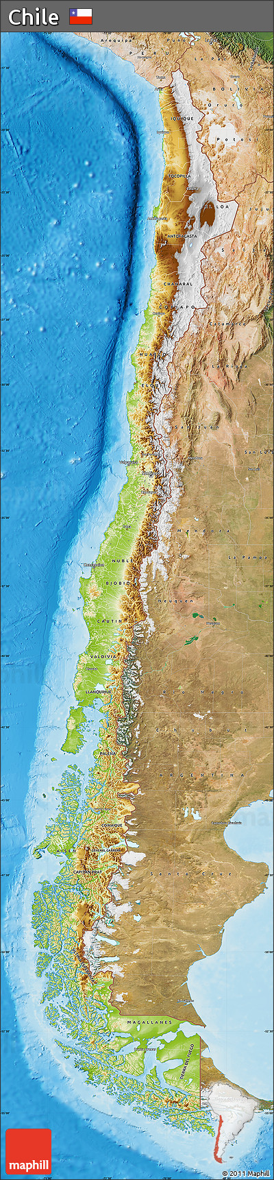 Physical Map of Chile, satellite outside, shaded relief sea