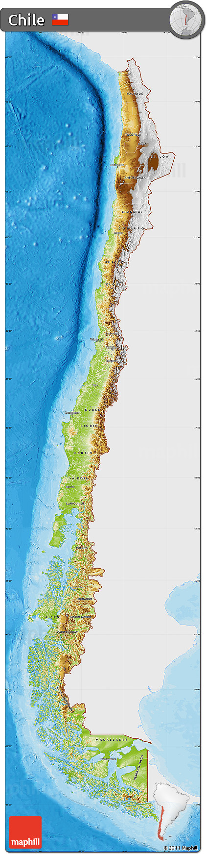 Physical Map of Chile, single color outside, bathymetry sea, shaded relief sea