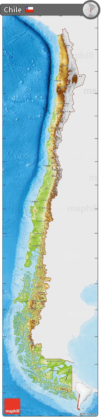 Physical Map of Chile, single color outside