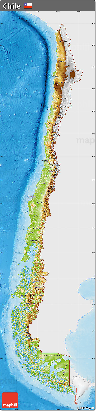 Physical Map of Chile, single color outside