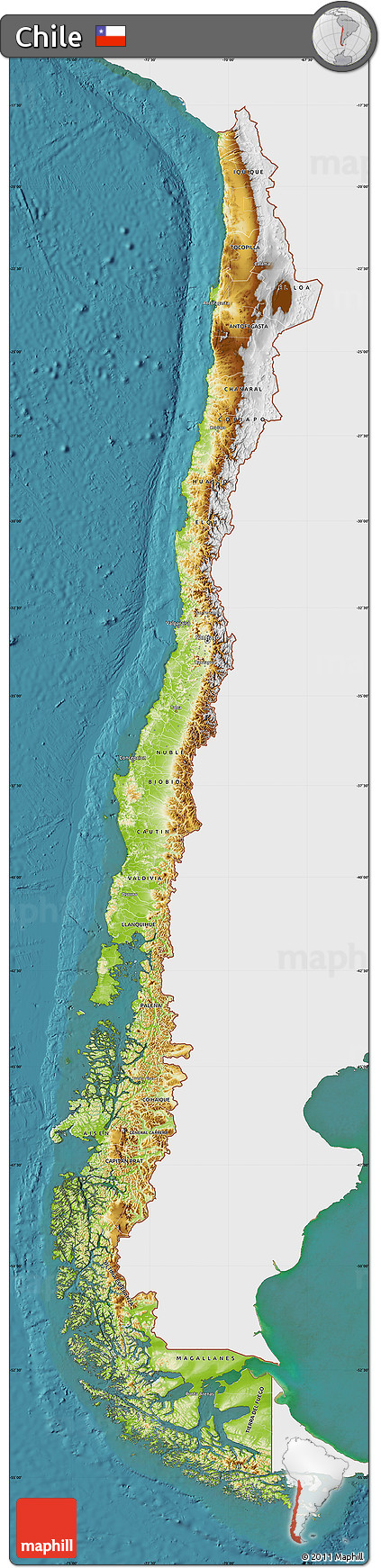 Physical Map of Chile, single color outside, satellite sea