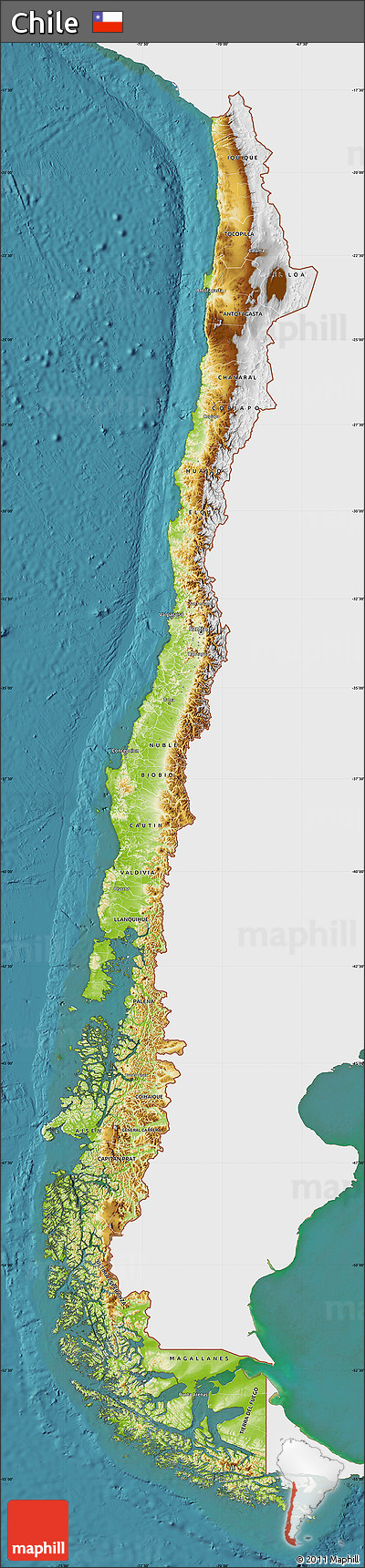 Physical Map of Chile, single color outside, satellite sea