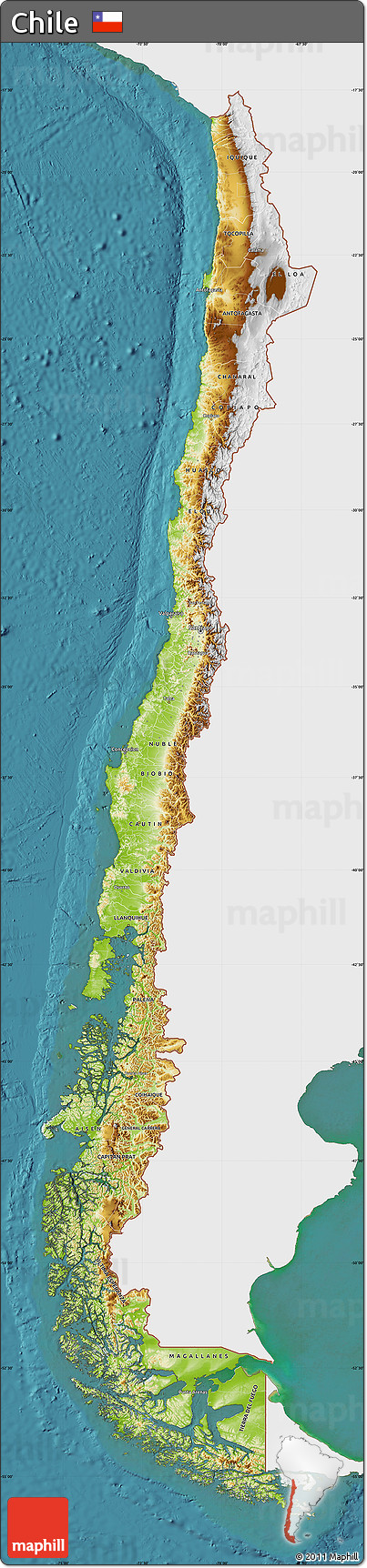Physical Map of Chile, single color outside, satellite sea