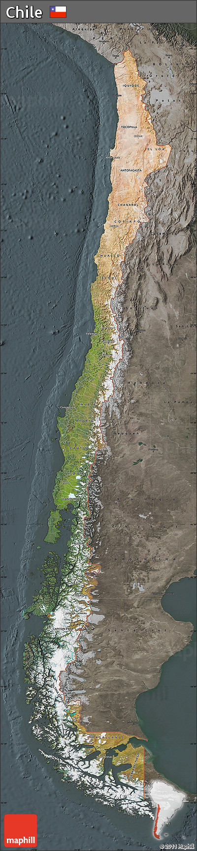 Satellite Map of Chile, darken, semi-desaturated