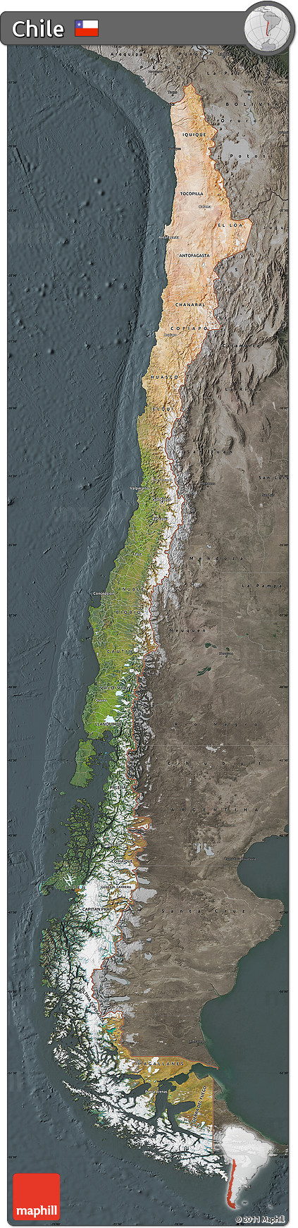 Satellite Map of Chile, darken, semi-desaturated