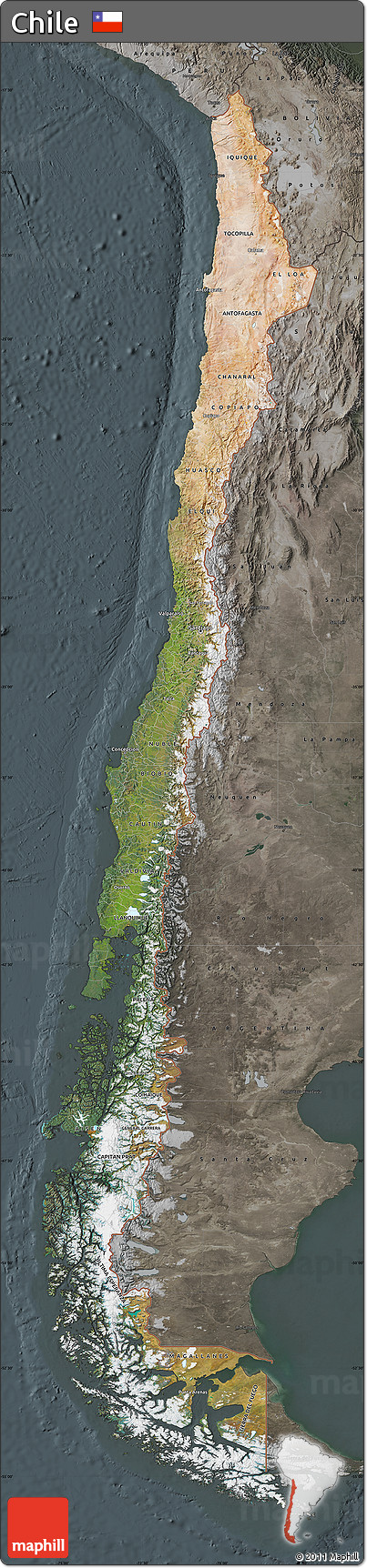 Satellite Map of Chile, darken, semi-desaturated