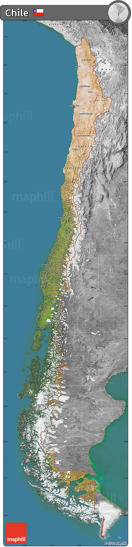 Satellite Map of Chile, desaturated, land only