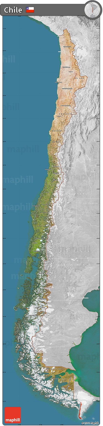 Satellite Map of Chile, lighten, desaturated, land only