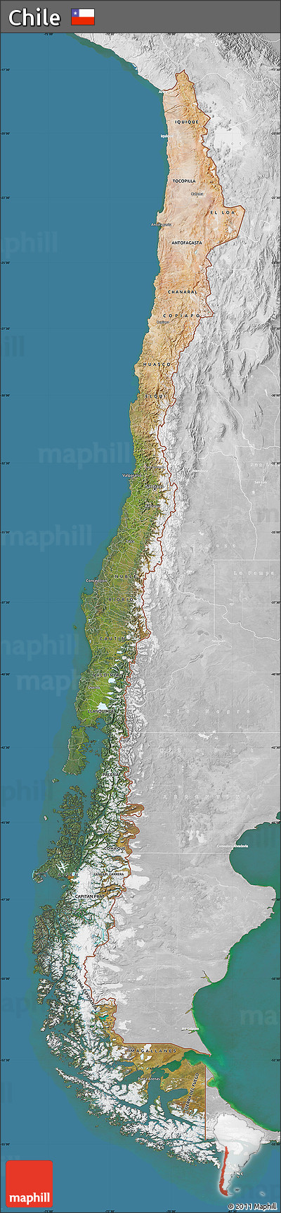 Satellite Map of Chile, lighten, desaturated, land only