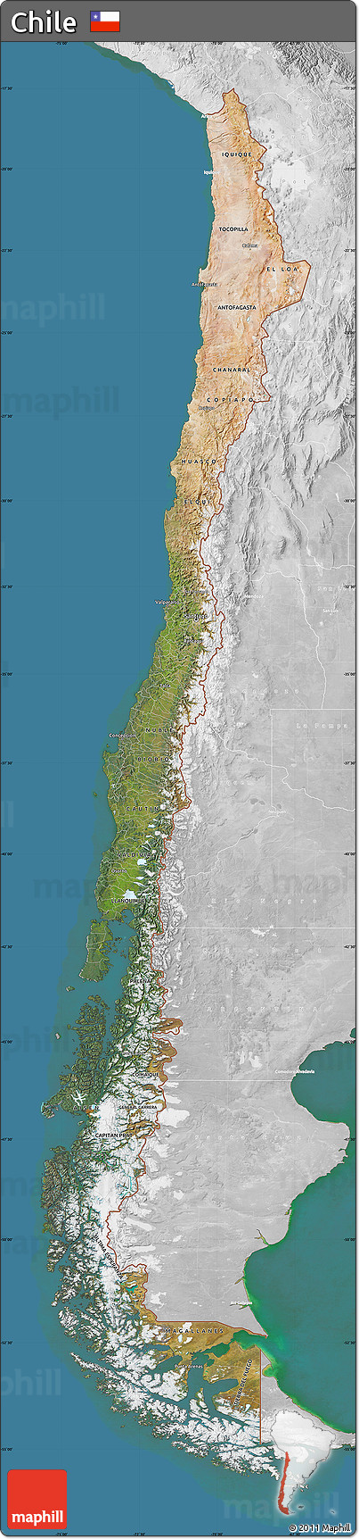 Satellite Map of Chile, lighten, desaturated, land only