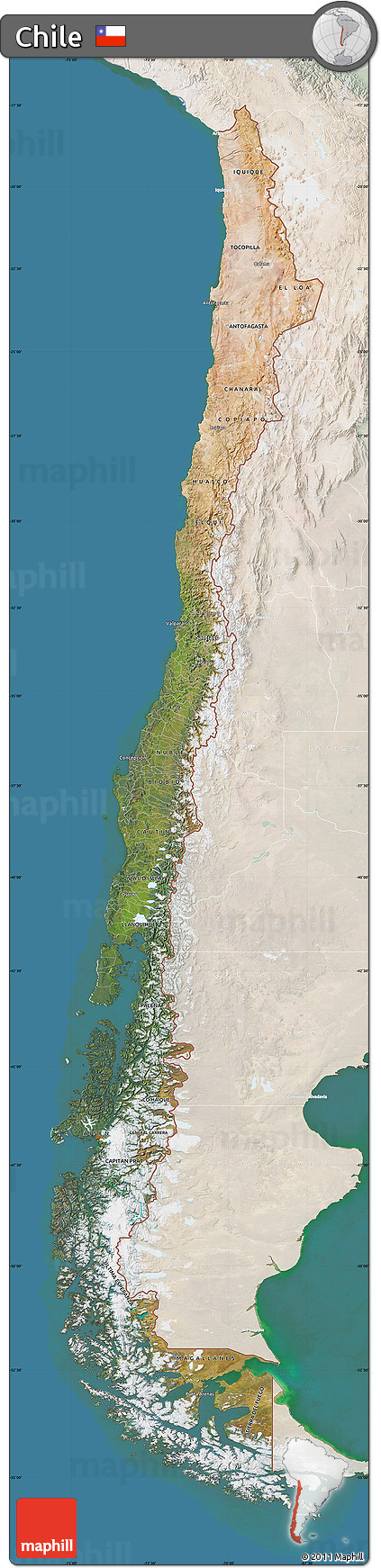 Satellite Map of Chile, lighten, land only