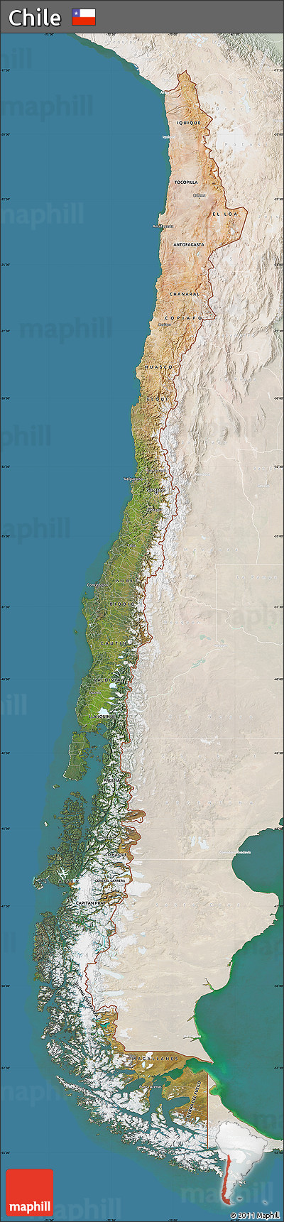 Satellite Map of Chile, lighten, land only