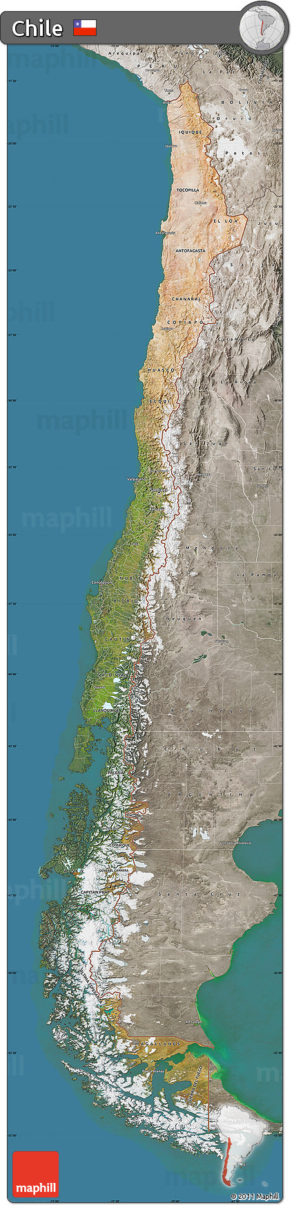 Satellite Map of Chile, semi-desaturated, land only