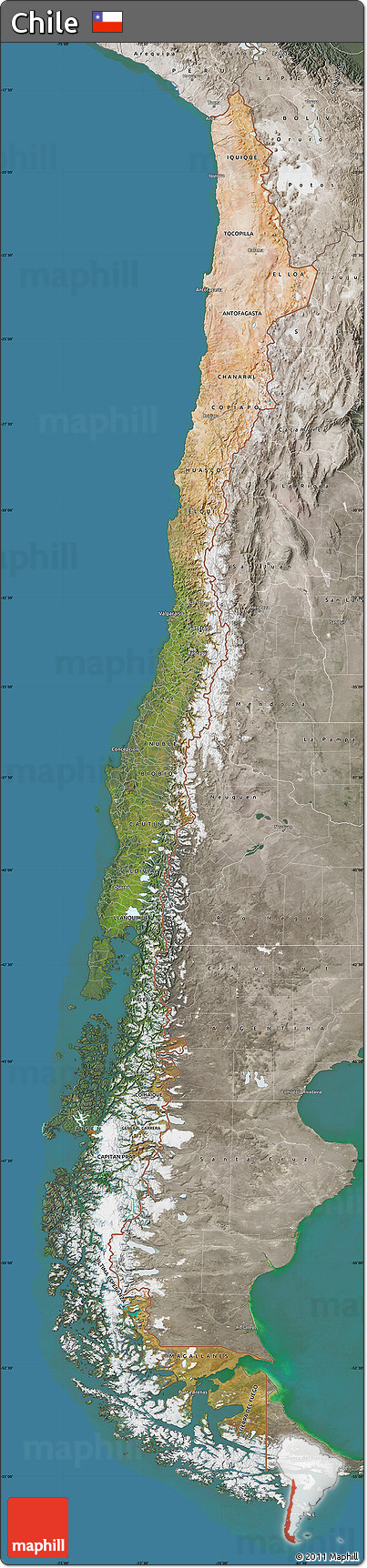 Satellite Map of Chile, semi-desaturated, land only