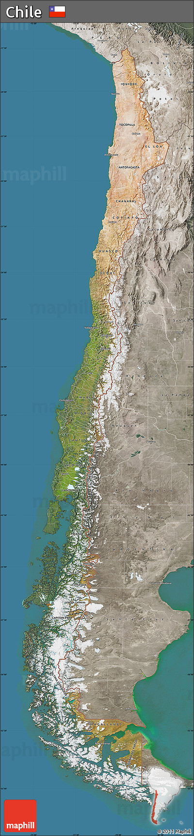 Satellite Map of Chile, semi-desaturated, land only