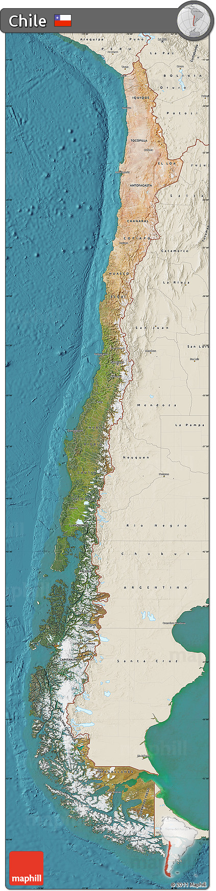 Satellite Map of Chile, shaded relief outside, satellite sea