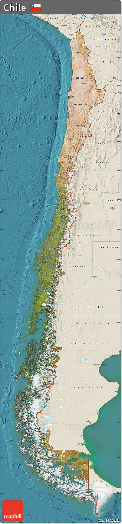 Satellite Map of Chile, shaded relief outside, satellite sea