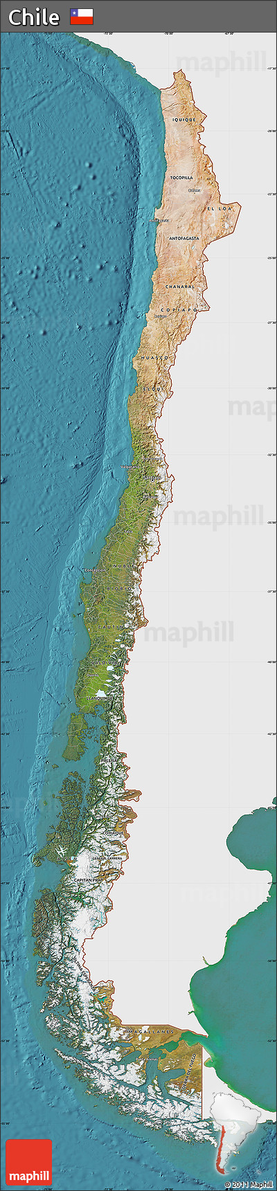 Satellite Map of Chile, single color outside