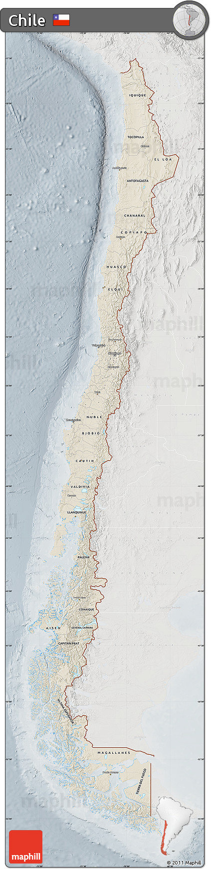 Shaded Relief Map of Chile, lighten, semi-desaturated