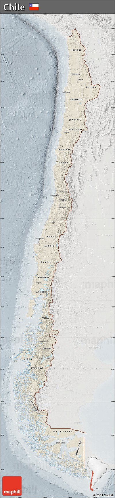 Shaded Relief Map of Chile, lighten, semi-desaturated