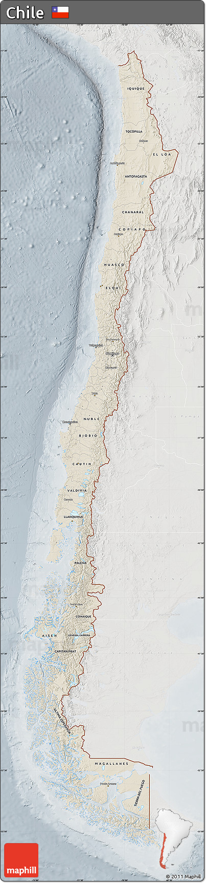 Shaded Relief Map of Chile, lighten, semi-desaturated