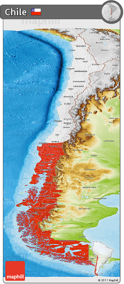 Flag Panoramic Map of Chile, physical outside, bathymetry sea, flag centered