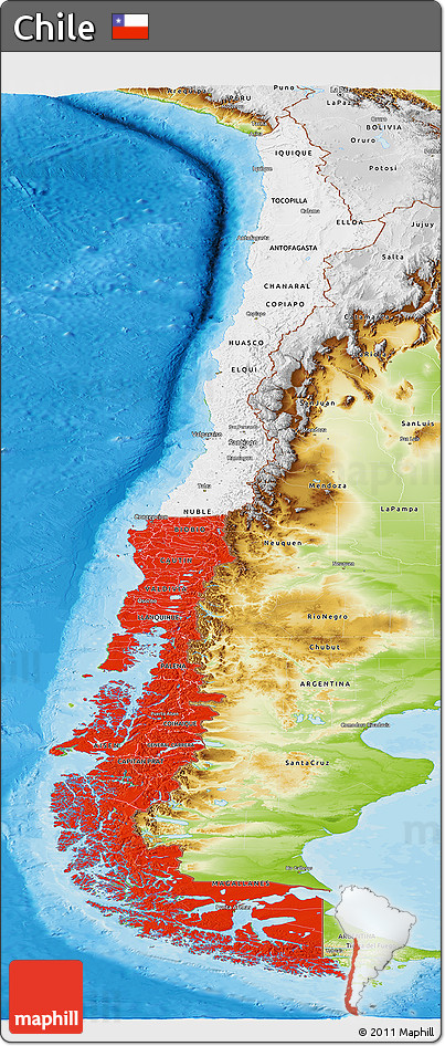 Flag Panoramic Map of Chile, physical outside, bathymetry sea, flag centered