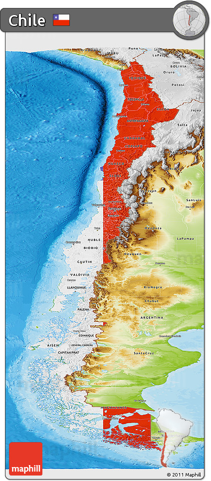 Flag Panoramic Map of Chile, physical outside, bathymetry sea, flag rotated