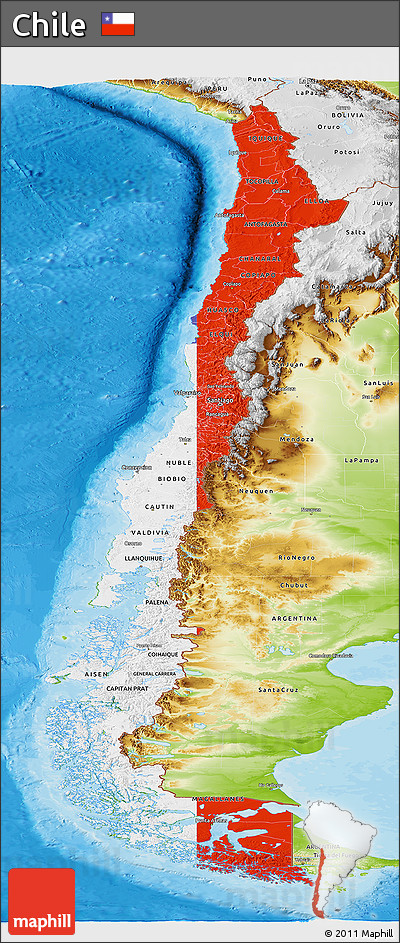 Flag Panoramic Map of Chile, physical outside, bathymetry sea, flag rotated