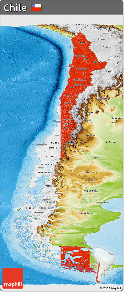 Flag Panoramic Map of Chile, physical outside, bathymetry sea, flag rotated