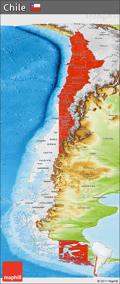 Flag Panoramic Map of Chile, physical outside, flag aligned to the middle