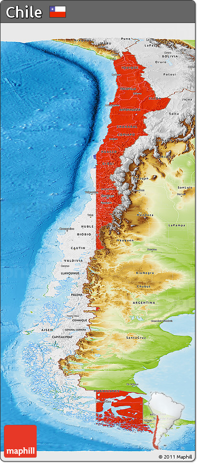 Flag Panoramic Map of Chile, physical outside, flag aligned to the middle